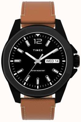 Timex Essex Ave Day/Date 44 mm, schwarzes Gehäuse, schwarzes Zifferblatt, braunes Lederarmband TW2U15100