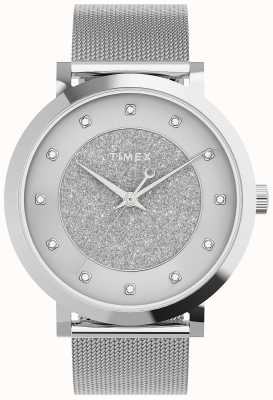 Timex Himmlische Opulenz für Damen, silberfarbenes 38-mm-Gehäuse / silberfarbenes Glitzerzifferblatt mit Kristallen TW2U67000