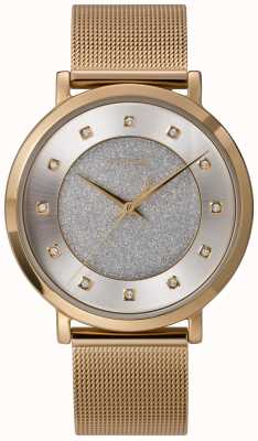 Timex Himmlische Opulenz für Damen, goldfarbenes 38-mm-Gehäuse, silberfarbenes Glitzerzifferblatt mit Kristallmarkierungen und goldfarbenes Mesh-Armband TW2U67100