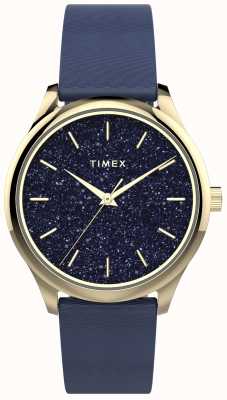 Timex Goldfarbenes Gehäuse mit marineblauem Glitzerzifferblatt und marineblauem Armband TW2V01200