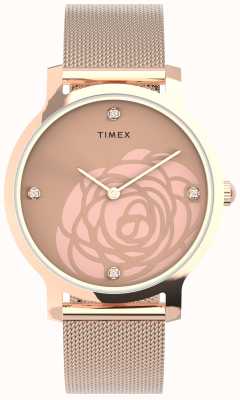 Timex Wms transcend floral cutout roségoldfarbenes Gehäuse und Mesh-Armband TW2U98100