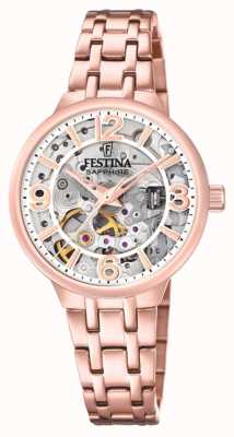 estina Damen-Automatikuhr mit rosafarbenem Skelett und Armband F20616/1