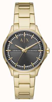 Armani Exchange Damen | graues kristallbesetztes Zifferblatt | goldenes Edelstahlarmband AX5257