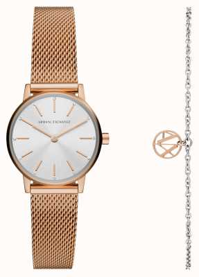 Armani Exchange Geschenkset mit Uhren und Armbändern für Damen | silbernes Zifferblatt | Mesh-Armband aus roségoldenem Stahl AX7121