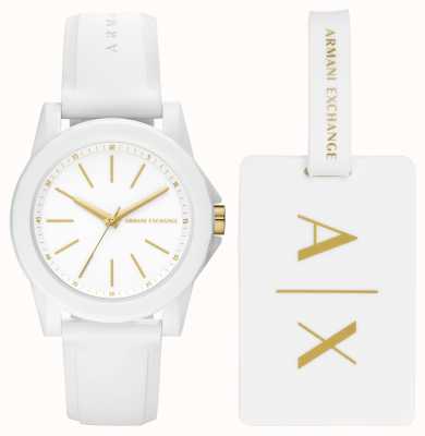 Armani Exchange Damen | Uhren- und Gepäckanhänger-Geschenkset | weißes Silikonband AX7126