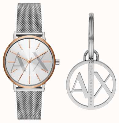 Armani Exchange Damen | Uhren- und Schlüsselanhänger-Geschenkset | Mesh-Armband aus Stahl AX7130SET