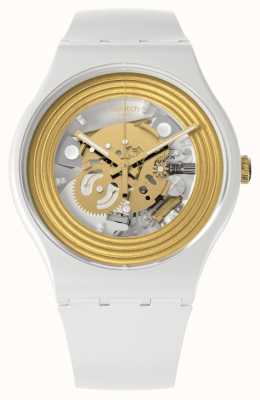 Swatch Uhr mit goldenen Ringen und weißem Skelettzifferblatt SO29W107