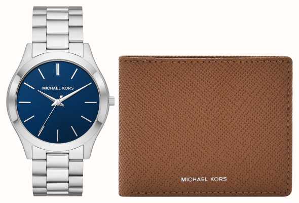 Michael Kors Schlanke Runway-Armbanduhr mit blauem Zifferblatt und passendem Portemonnaie MK1060SET