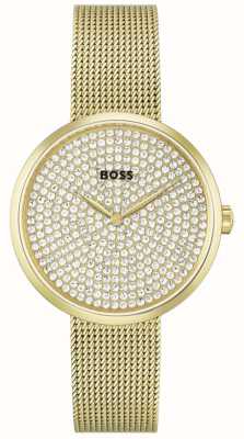 BOSS Lob der Frauen | Zifferblatt mit goldenem Kristallbesatz | goldenes Mesh-Armband aus Stahl 1502659